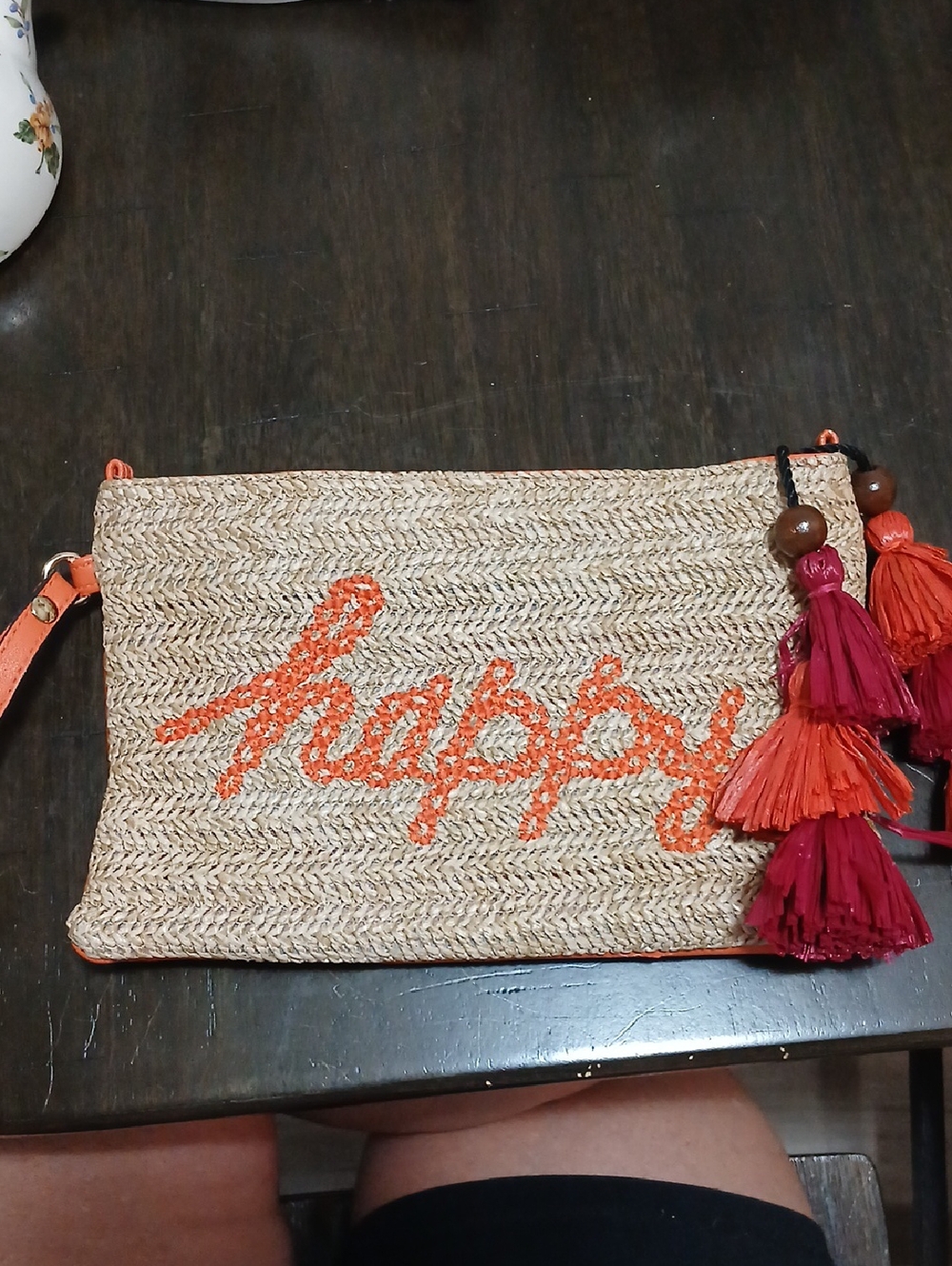 Libby Edelman Straw 'Happy' Wristlet Clutch with Orange & Pink Tassels